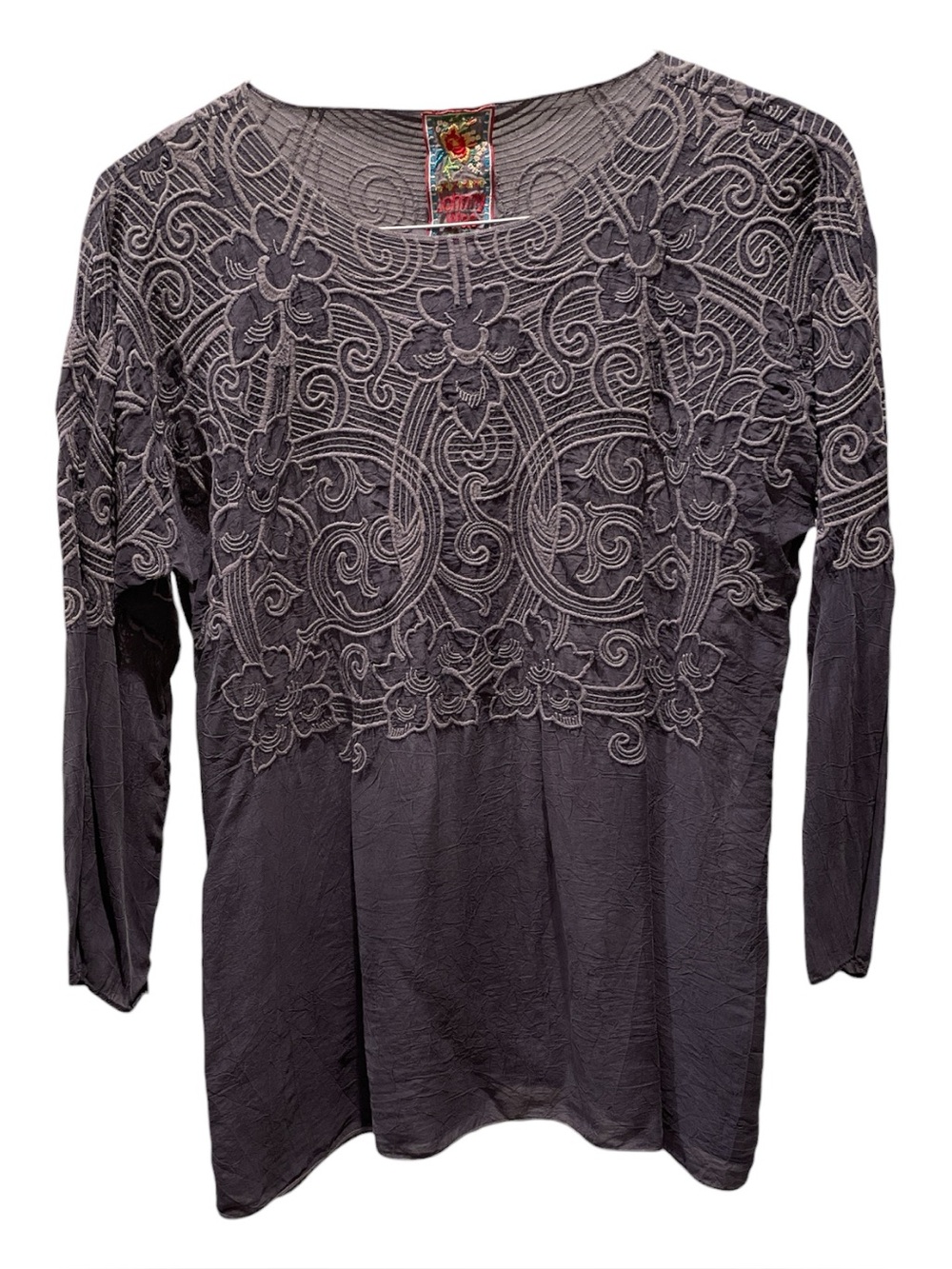 Johnny Was Purplish Gray Embroidered Long Sleeve Top